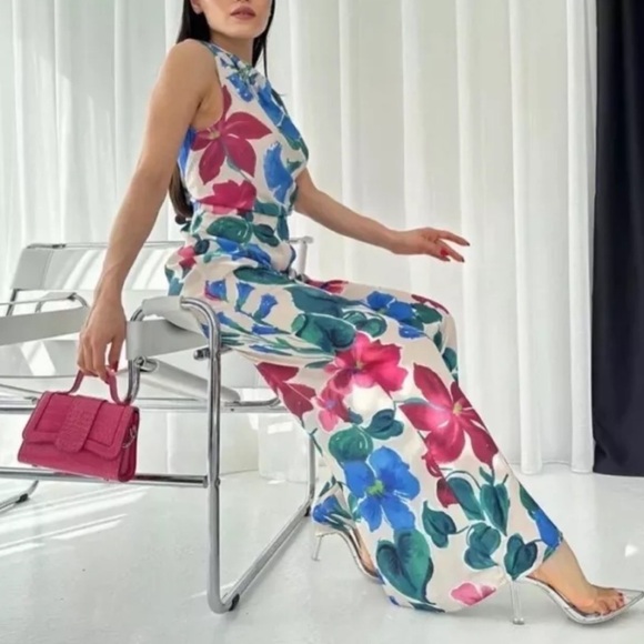 Zara Floral Satin Wide Leg Sleeveless Jumpsuit - Picture 8 of 14